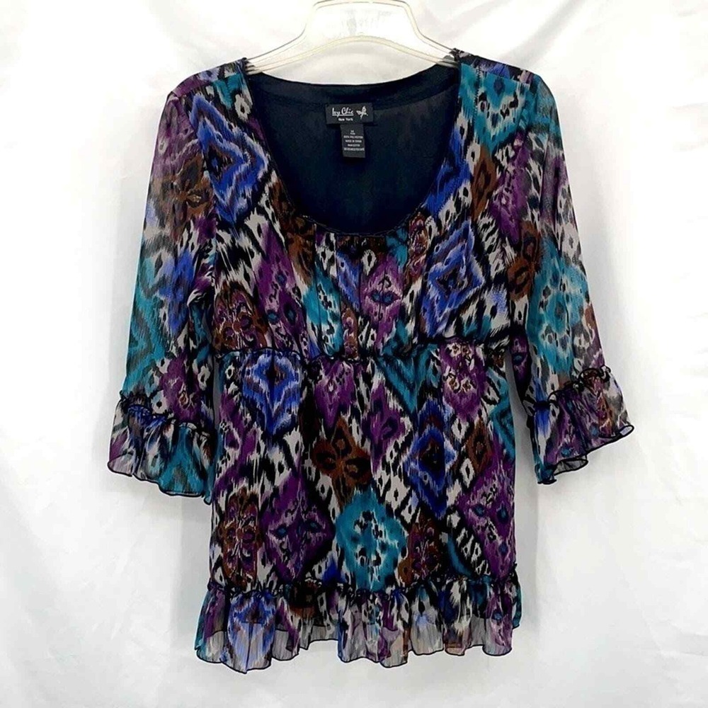 Ivy Chic Blouse Women Size M Purple Blue Ikat Geometric Empire Waist Ruffle Trim